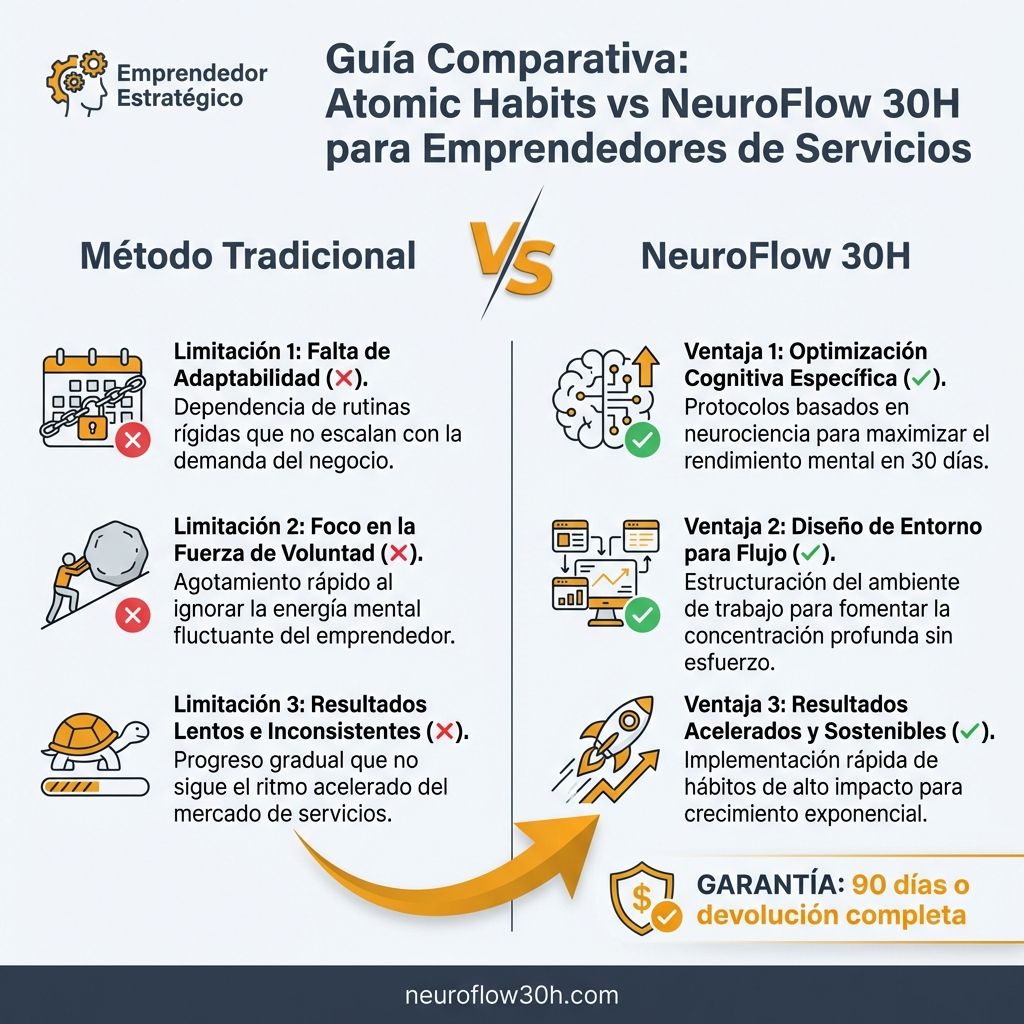 Infografía: Guía Comparativa: Atomic Habits vs NeuroFlow 30H para Emprendedores de Servicios
