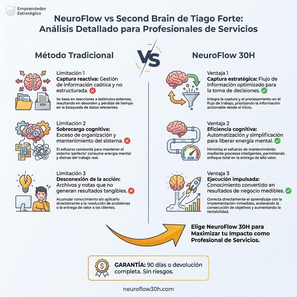 Infografía: NeuroFlow vs Second Brain de Tiago Forte: Análisis Detallado para Profesionales de Servicios