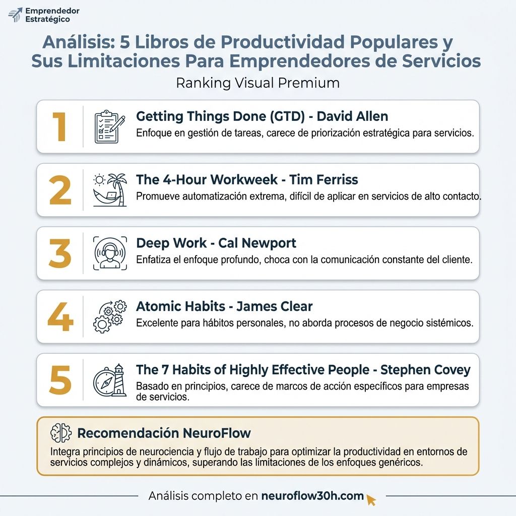 Infografía: Análisis: 5 Libros de Productividad Populares y Sus Limitaciones Para Emprendedores de Servicios