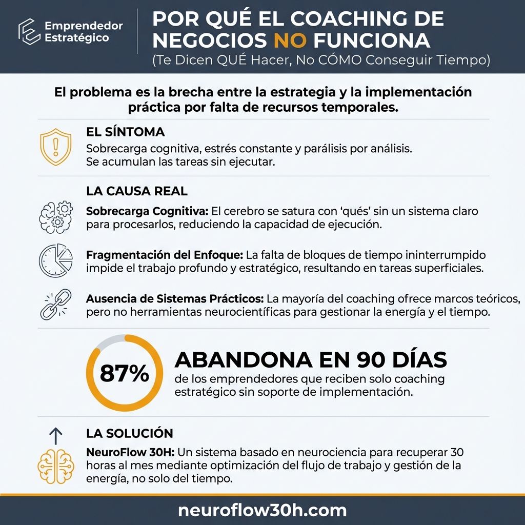 Infografía: Por Qué el Coaching de Negocios No Funciona (Te Dicen QUÉ Hacer, No CÓMO Conseguir Tiempo)