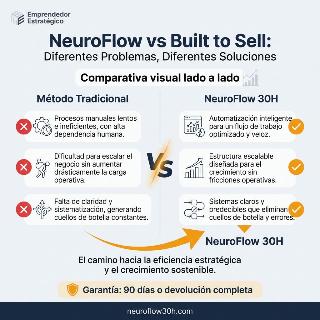Infografía: NeuroFlow vs Built to Sell: Diferentes Problemas, Diferentes Soluciones
