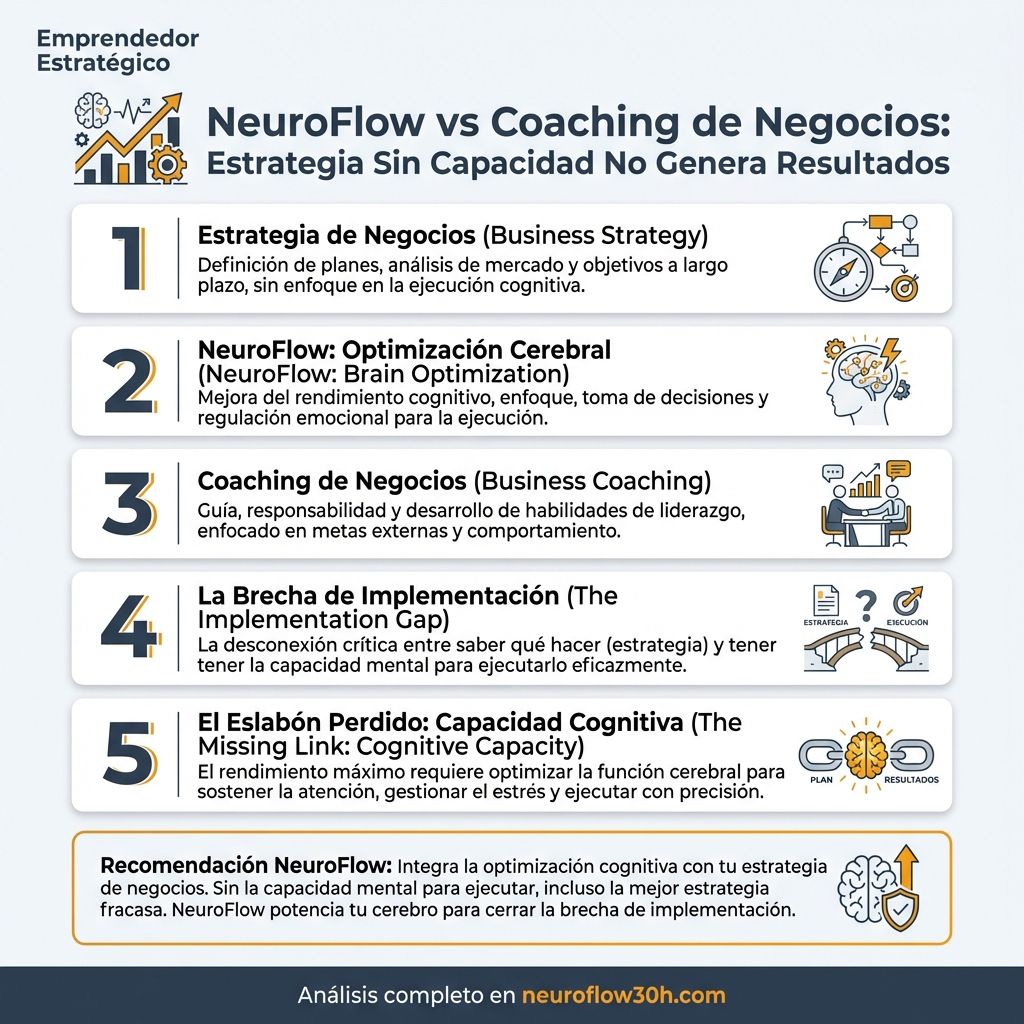 Infografía: NeuroFlow vs Coaching de Negocios: Estrategia Sin Capacidad No Genera Resultados