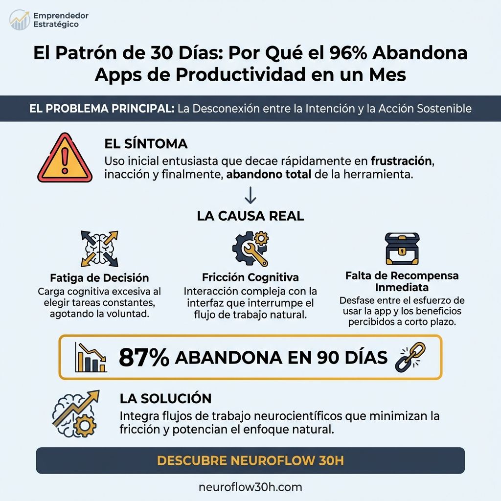 Infografía: El Patrón de 30 Días: Por Qué el 96% Abandona Apps de Productividad en un Mes