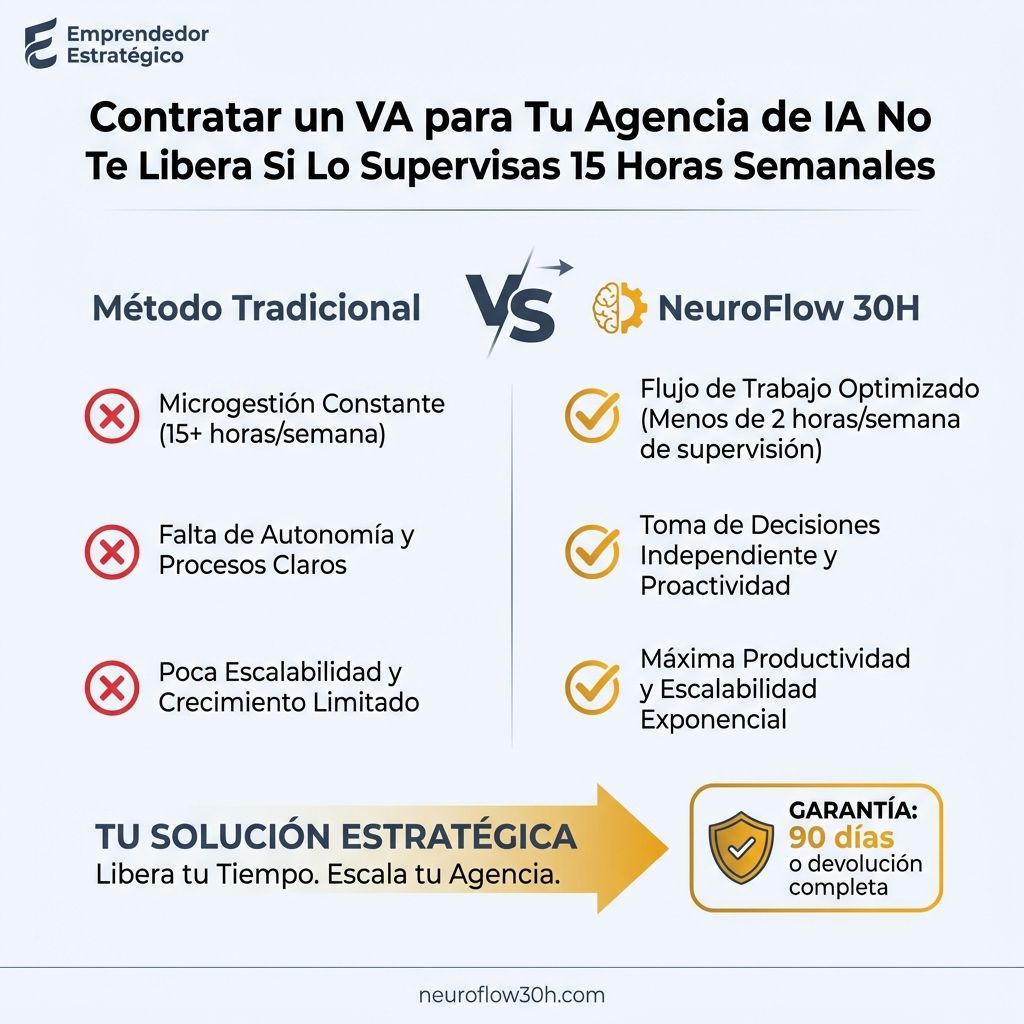 Infografía: Contratar un VA para Tu Agencia de IA No Te Libera Si Lo Supervisas 15 Horas Semanales