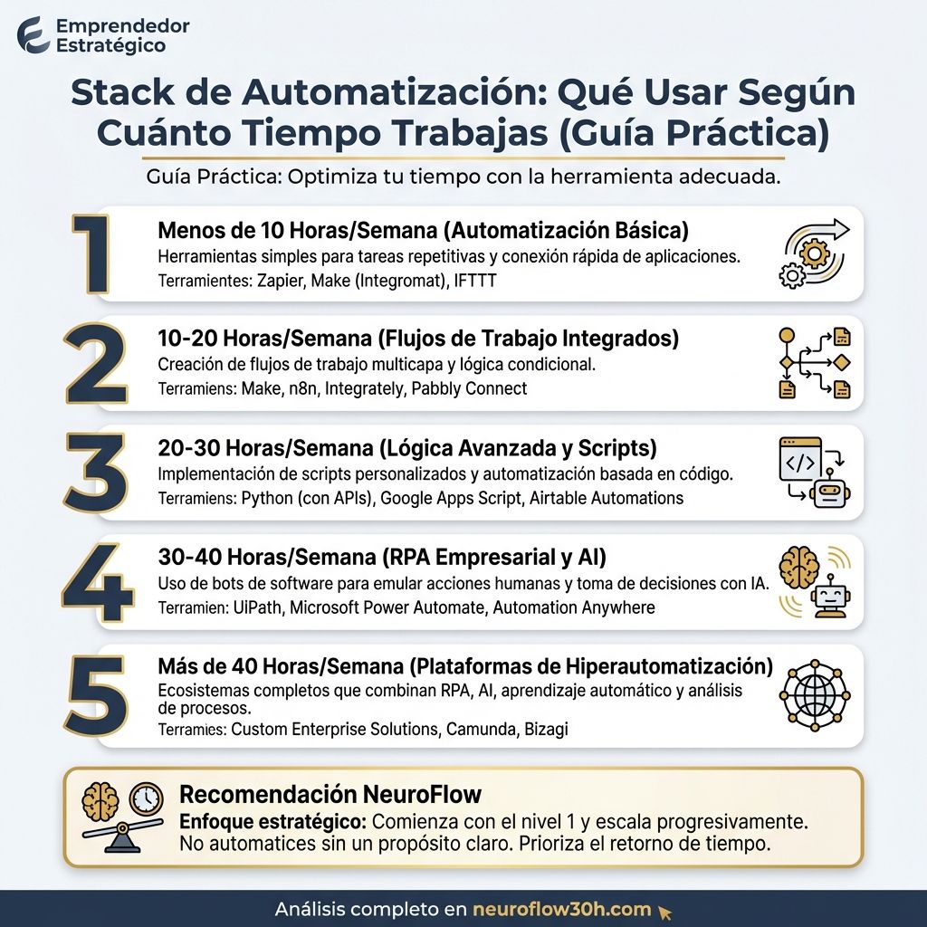 Infografía: Stack de Automatización: Qué Usar Según Cuánto Tiempo Trabajas (Guía Práctica)