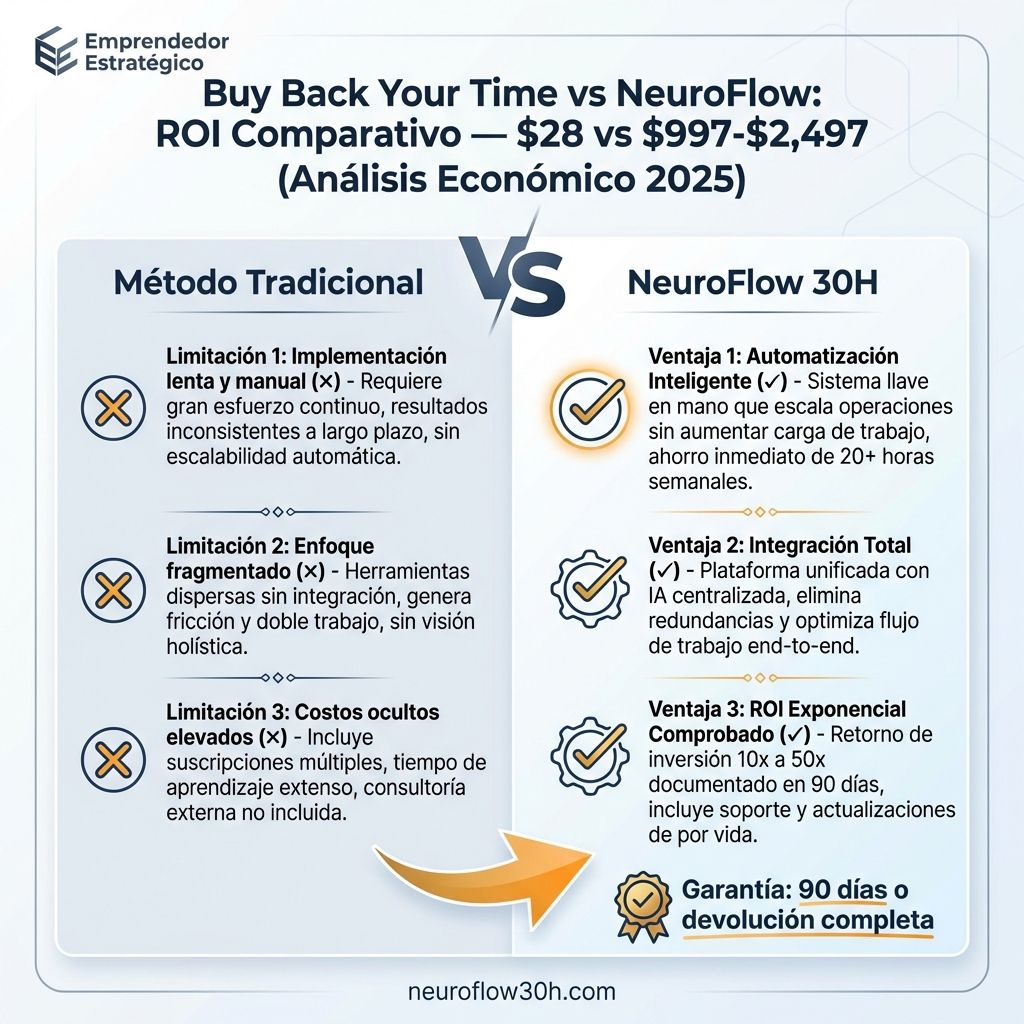 Infografía: Buy Back Your Time vs NeuroFlow: ROI Comparativo — $28 vs $997-$2,497 (Análisis Económico 2025)