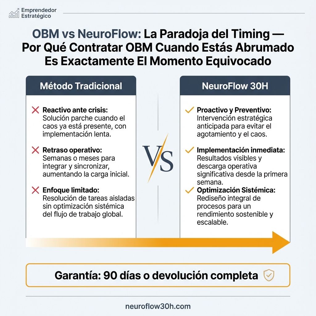 Infografía: OBM vs NeuroFlow: La Paradoja del Timing — Por Qué Contratar OBM Cuando Estás Abrumado Es Exactamente El Momento Equivocado