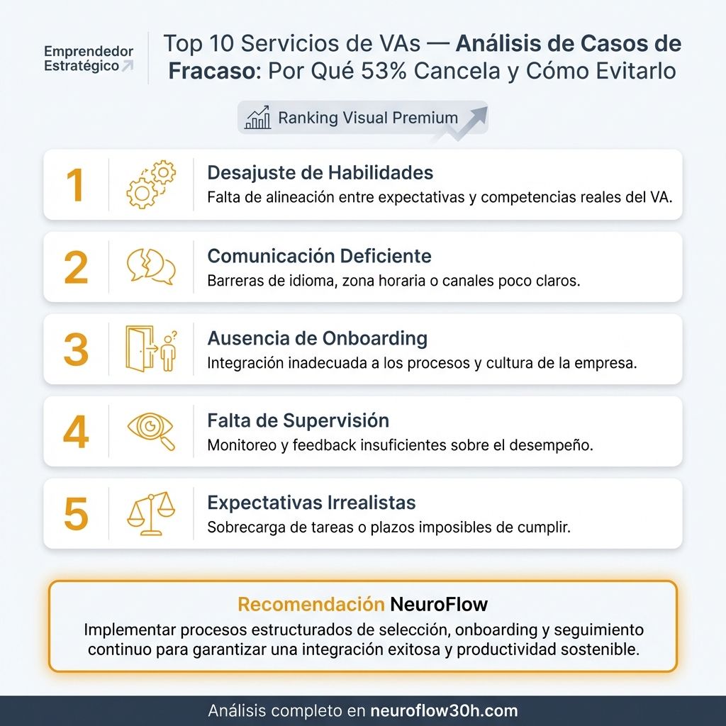 Infografía: Top 10 Servicios de VAs — Análisis de Casos de Fracaso: Por Qué 53% Cancela y Cómo Evitarlo